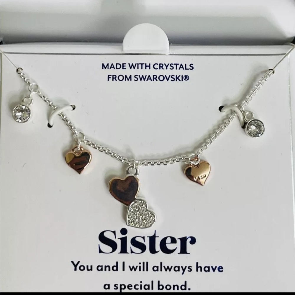 Brilliance Swarovski Crystal Necklace Sister Love Gold Hearts Silver Plate 18"